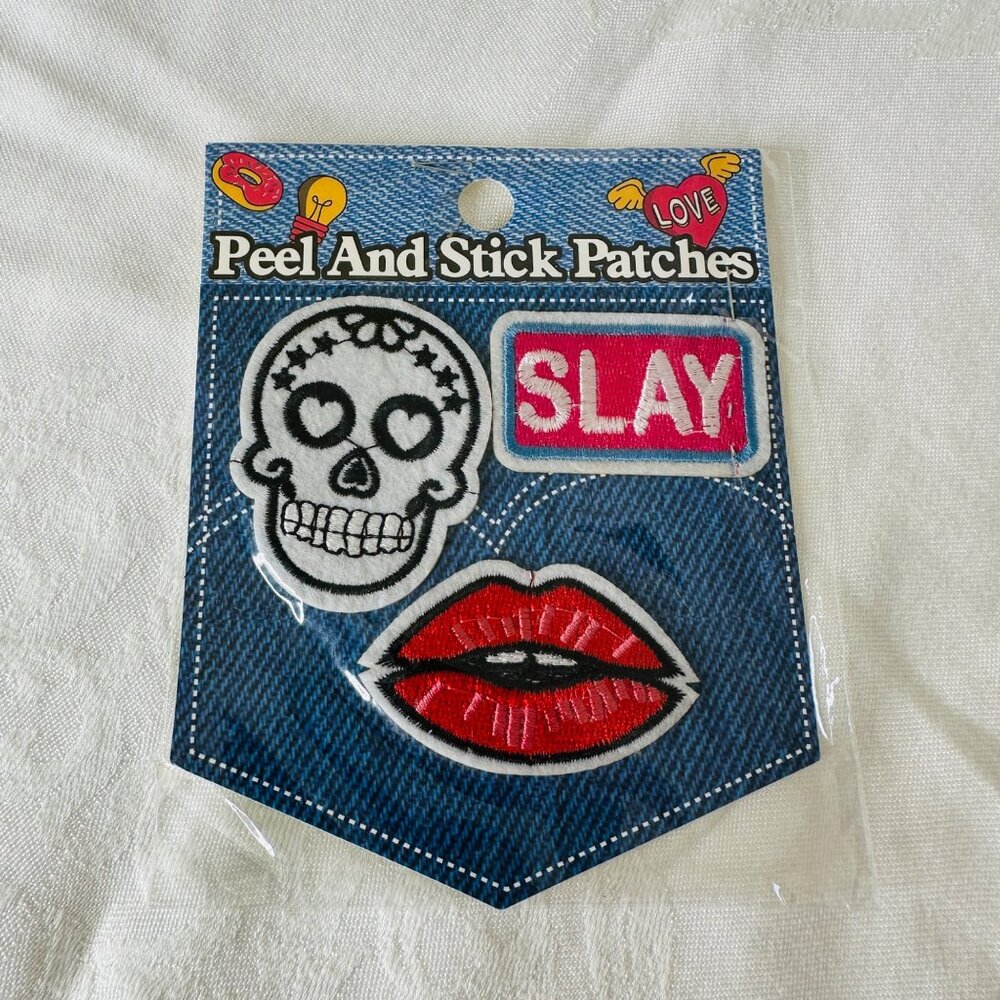 NEW Peel & Stick Embroidered Patches Skull Lips Slay Day of the Dead Pucker 2-3”